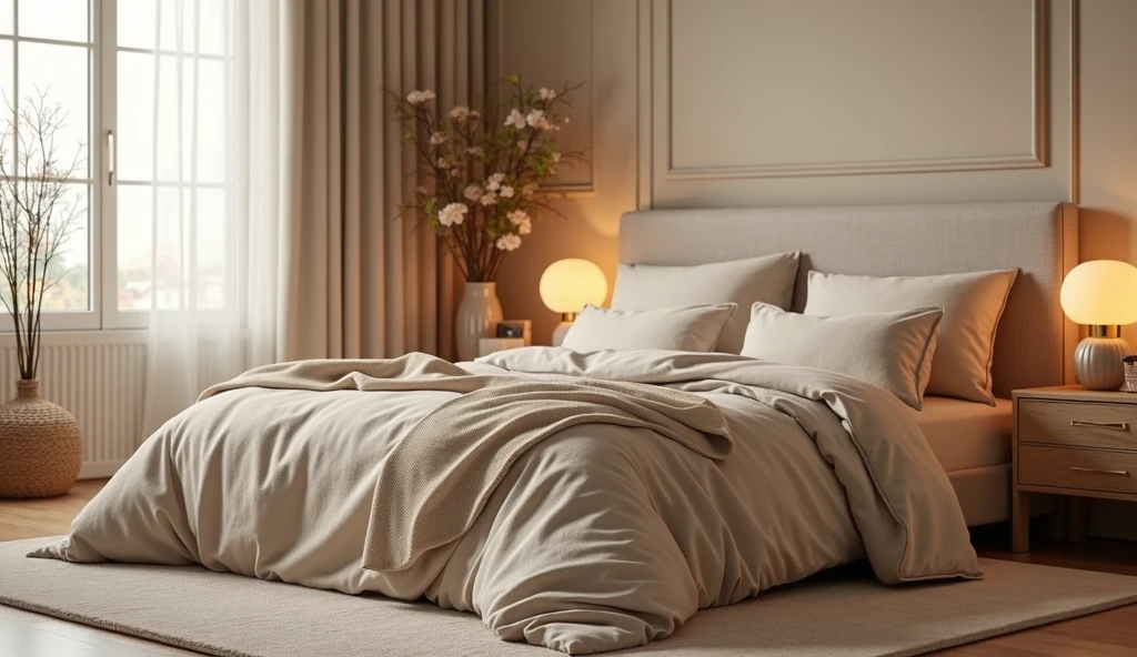 Une chambre moderne au style élégant avec une parure de lit beige confortable et élégante. La pièce est doucement éclairée par un éclairage d'ambiance chaleureux, créant une atmosphère relaxante et accueillante. Le lit est orné d'oreillers moelleux et d'une couette soigneusement drapée, avec un tissu de haute qualité aux textures subtiles.